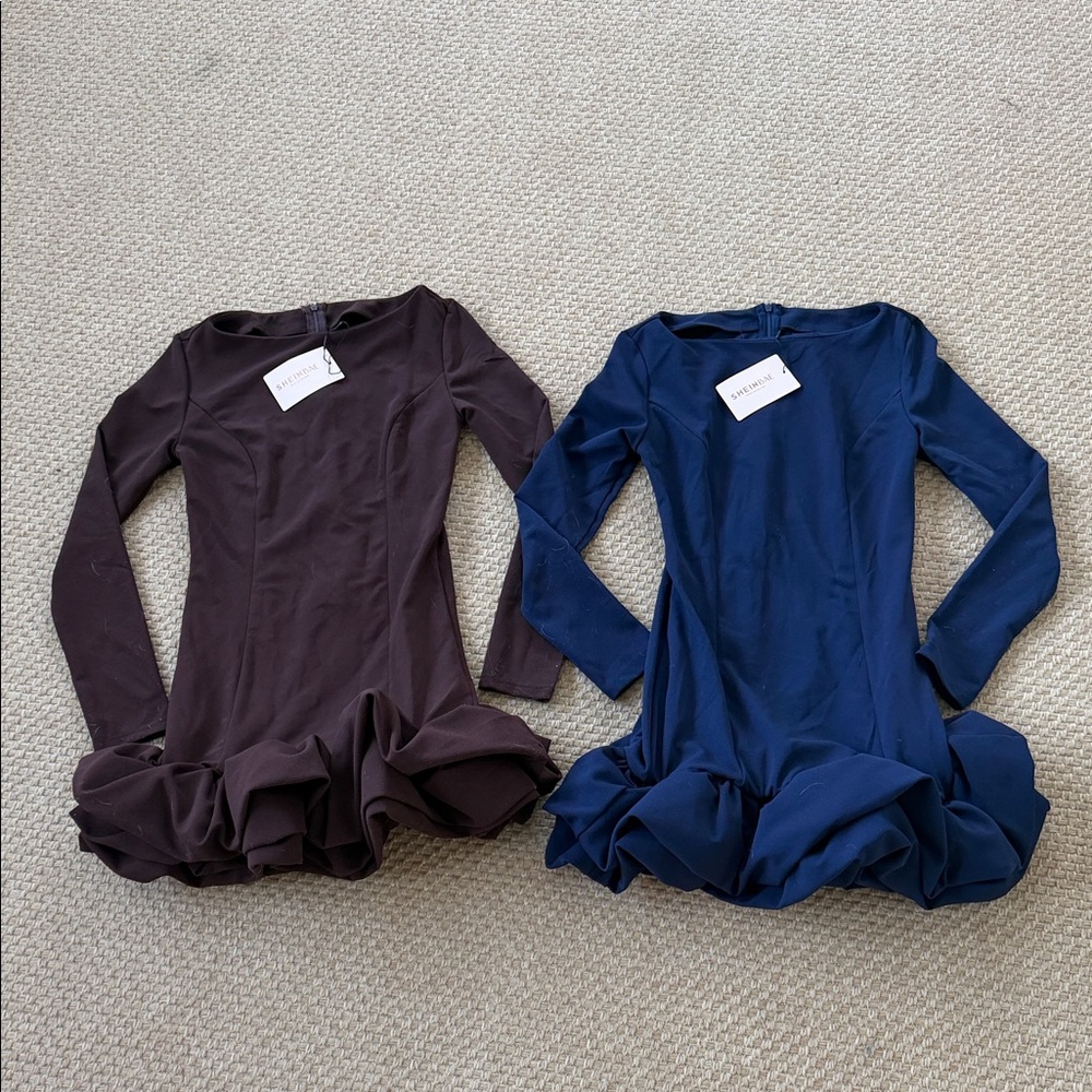 SHEIN Long Sleeved 2 Pack Mini Dresses in Brown and Blue